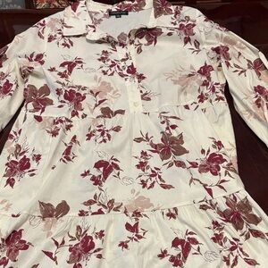 Rachel Zoe Cream Floral Long Sleeve Tiered Dress with Burgundy & Taupe Print